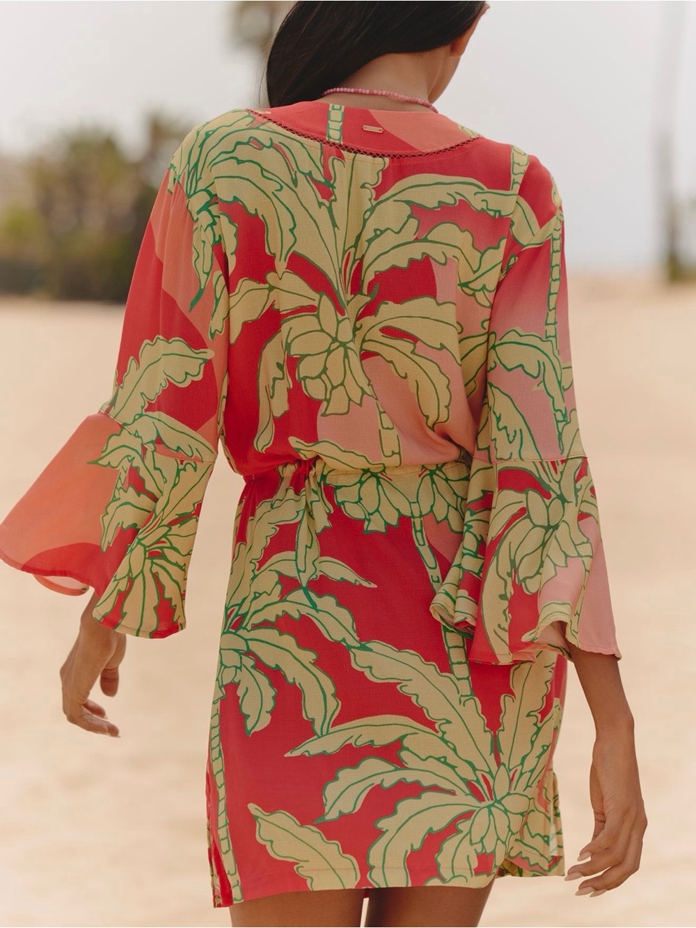 Anthropologie Coral-Red Tropical Palm Print Swim Cover-Up - Picture 2 of 4